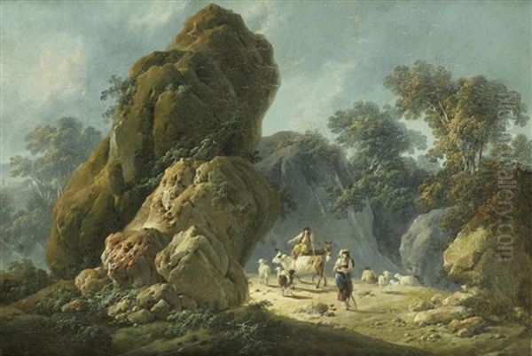 Drovers With Their Herd In A Rocky Landscape Oil Painting by Jean Baptiste Pillement