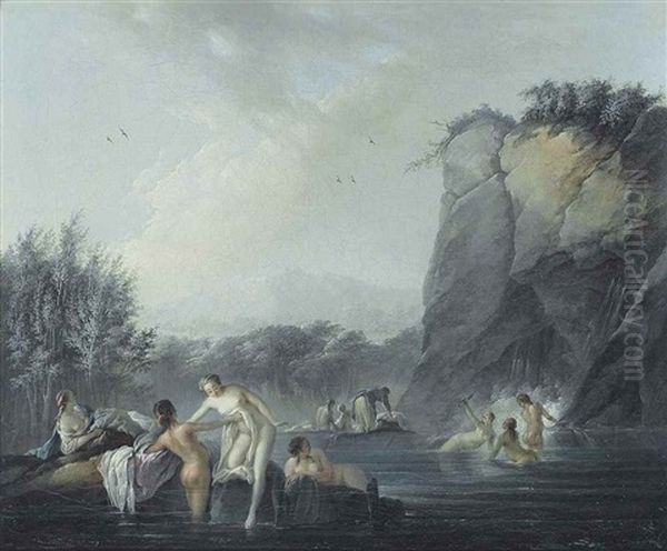 Women Bathing At A Rocky Pool Oil Painting by Jean Baptiste Pillement