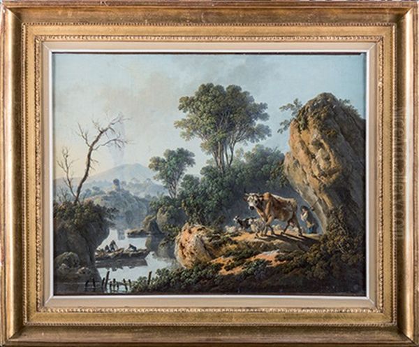 Paysage Avec Des Pecheurs, Un Berger Et Son Troupeau Oil Painting by Jean Baptiste Pillement