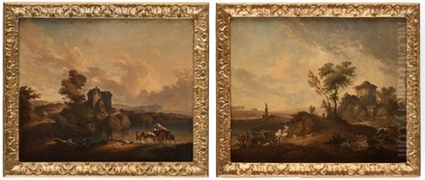 River Landscapes With Figures And Horses (pair) Oil Painting by Jean Baptiste Pillement