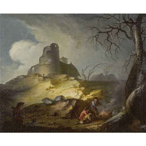 Abendliche Landschaft Mit Burgruine Und Lagerfeuer Oil Painting by Jean Baptiste Pillement