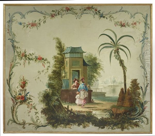 Panneau A Decor D'arabesques Et D'une Famille Chinoise Oil Painting by Jean Baptiste Pillement