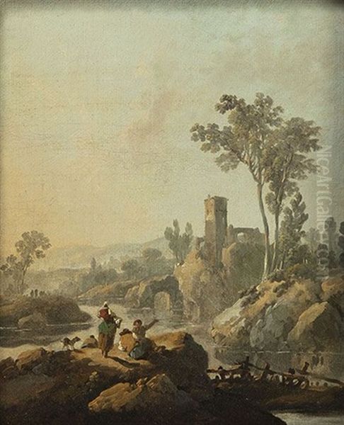 Paysans Au Bord De La Riviere Oil Painting by Jean Baptiste Pillement