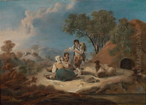 A Landscape With A Family Of Shepherds Oil Painting by Jean Baptiste Pillement