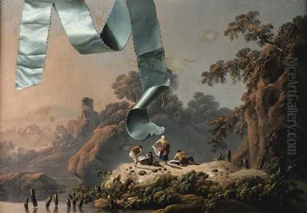 Trompe L'oeil Au Ruban Turquoise Devant Un Paysage De La Campagne Portuguaise Oil Painting by Jean Baptiste Pillement