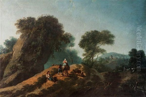 Paysage Boise Au Rocher Avec Bergers En Chemin Oil Painting by Jean Baptiste Pillement