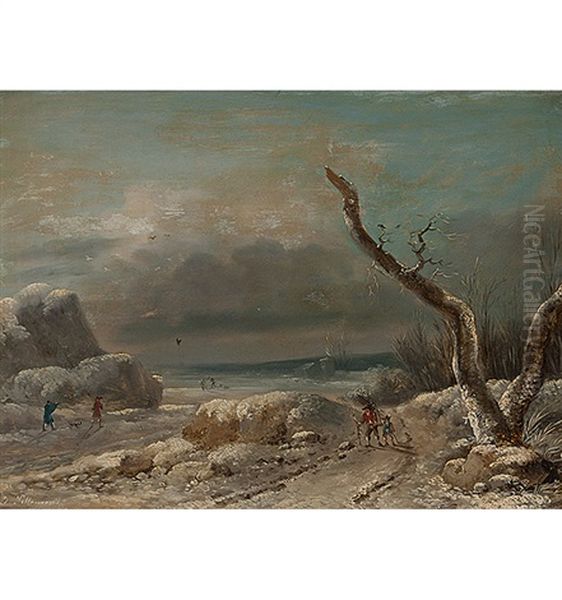 Verschneite Kustenlandschaft Mit Reisigsammlern Und Vogeljager Oil Painting by Jean Baptiste Pillement