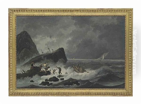 A Rocky Coastal Landscape With Shipwrecked Figures In A Storm, The Masts Of The Ship Beyond Oil Painting by Jean Baptiste Pillement