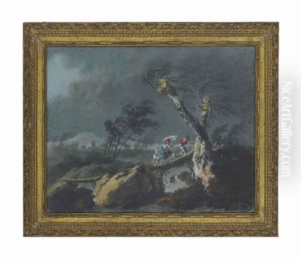 Figures On A Bridge In A Storm Oil Painting by Jean Baptiste Pillement