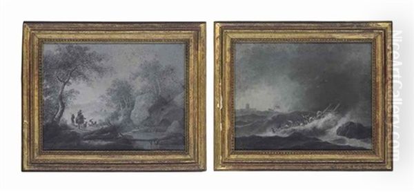 A Rocky Landscape With Herdsmen By A River; And A Stormy Seascape With A Shipwreck (2 Works) Oil Painting by Jean Baptiste Pillement