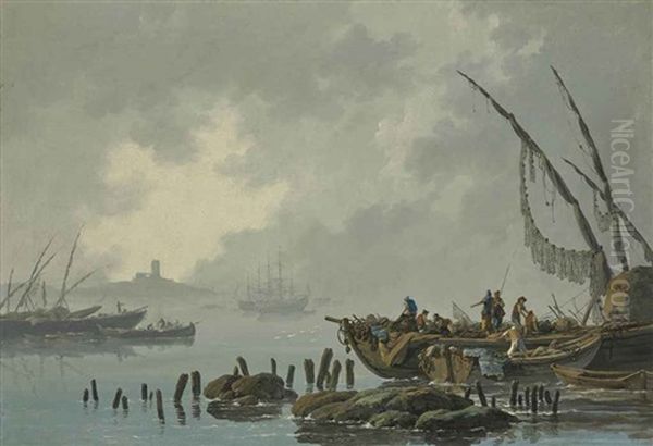 Les Rives Du Tage, Effet De Brume Oil Painting by Jean Baptiste Pillement