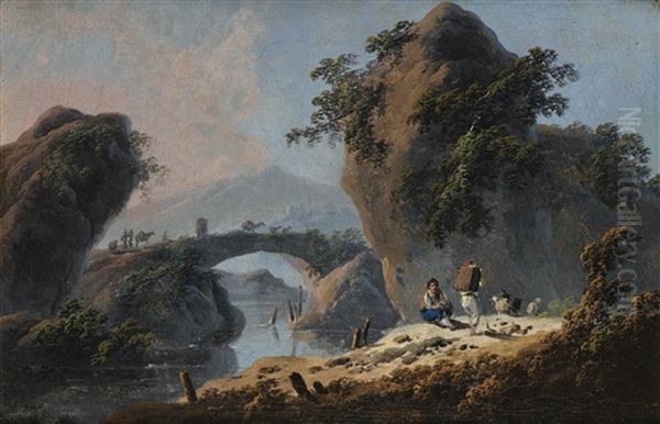 Scene Pastorale Dans Un Paysage De Riviere Au Portugal Oil Painting by Jean Baptiste Pillement