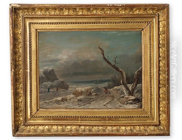 Verschneite Kustenlandschaft Mit Reisigsammlern Und Vogeljager Oil Painting by Jean Baptiste Pillement