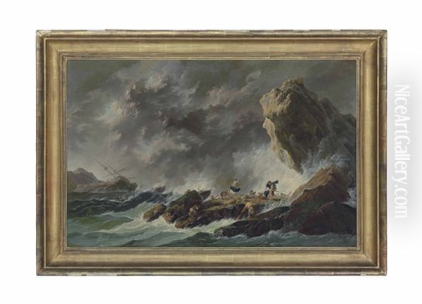 A Rocky Coastal Landscape With A Shipwreck In A Storm And Figures On The Shore Oil Painting by Jean Baptiste Pillement