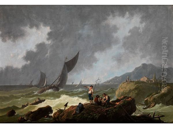 Kustenszene Mit Fischerbooten In Aufgewuhlter See Und Eine Gruppe Fischer Am Strand Oil Painting by Jean Baptiste Pillement