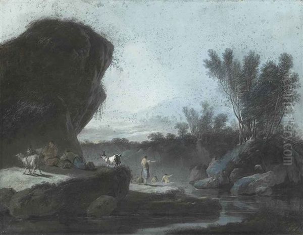 A Pastoral Landscape With Bathers; A Pastoral Landscape With A Herdsman Crossing A Bridge (pair) Oil Painting by Jean Baptiste Pillement