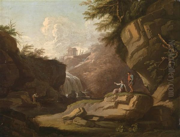 Figuren Auf Einem Fels In Einer Flusslandschaft Oil Painting by Jean Baptiste Pillement