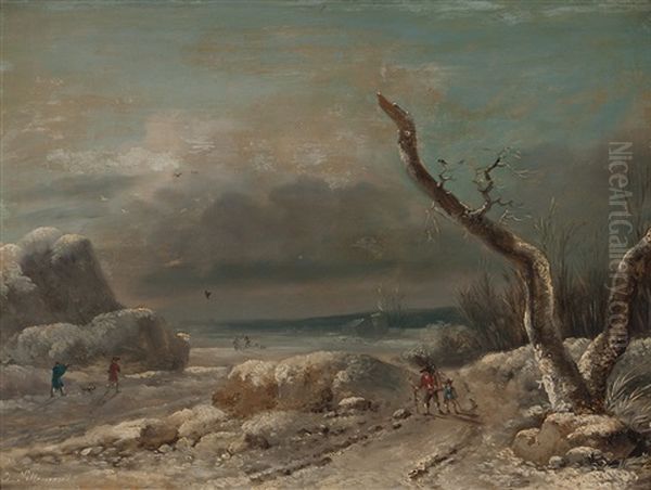 Verschneite Kustenlandschaft Mit Reisigsammlern Und Vogeljager Oil Painting by Jean Baptiste Pillement