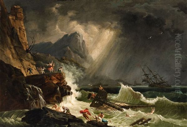 A Shipwreck In A Storm Oil Painting by Jean Baptiste Pillement