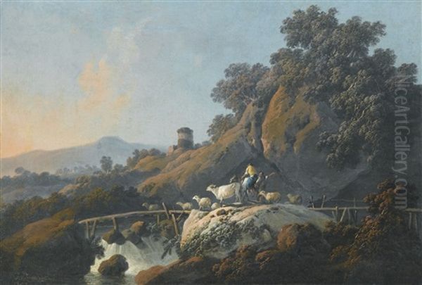 Landscape With A Mounted Shepherd And His Flock Crossing A Wooden Bridge Over A Waterfall by Jean Baptiste Pillement