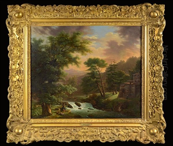 River Landscape With Herdsmen Oil Painting by Jean Baptiste Pillement