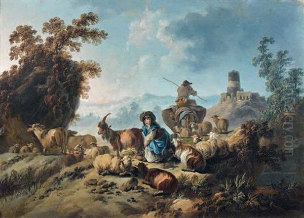 Gardienne De Chevres Dans Un Paysage Oil Painting by Jean Baptiste Pillement