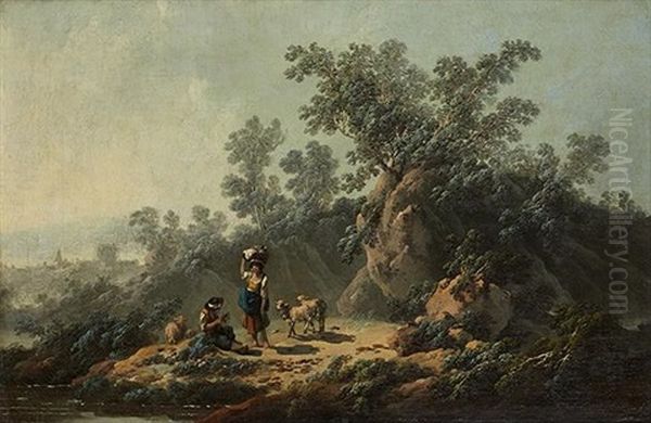 Bergers Au Repos Pres D'une Riviere (pair) Oil Painting by Jean Baptiste Pillement