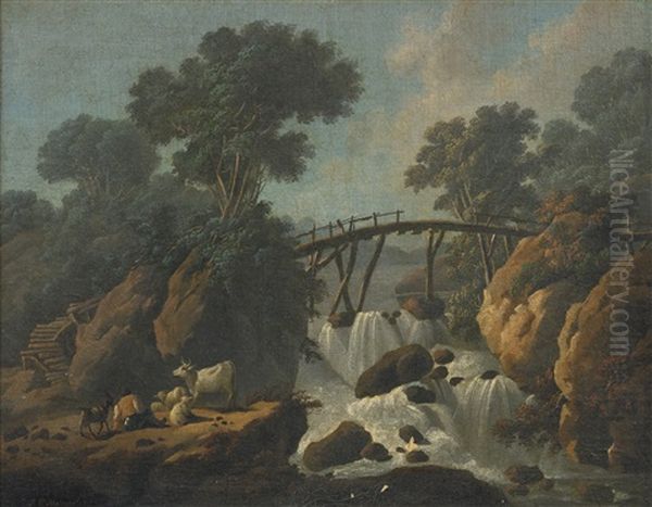 Waterfall Landscape With Herdsman Oil Painting by Jean Baptiste Pillement