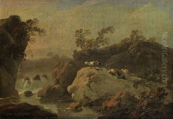 A Shepherd Tending His Flocks In A Hilly, River Landscape (+ Figures In A Landscape; Pair) Oil Painting by Jean Baptiste Pillement