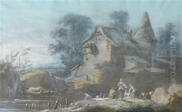 A Mill Beside A River, Washerwomen In The Foreground Oil Painting by Jean Baptiste Pillement