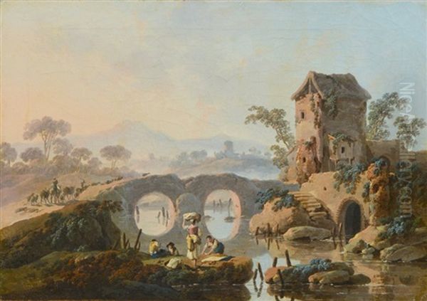 Les Lavandieres Oil Painting by Jean Baptiste Pillement