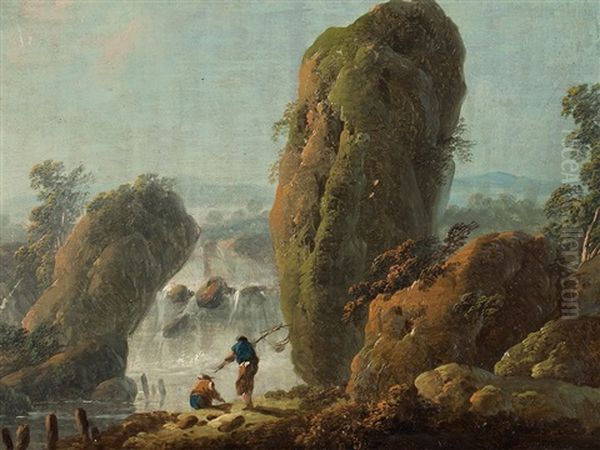 Fisherman At A Waterfall Oil Painting by Jean Baptiste Pillement