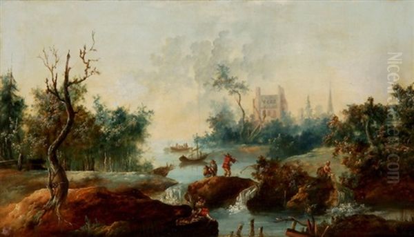 Flusslandschaft Mit Figurenstaffage Oil Painting by Jean Baptiste Pillement