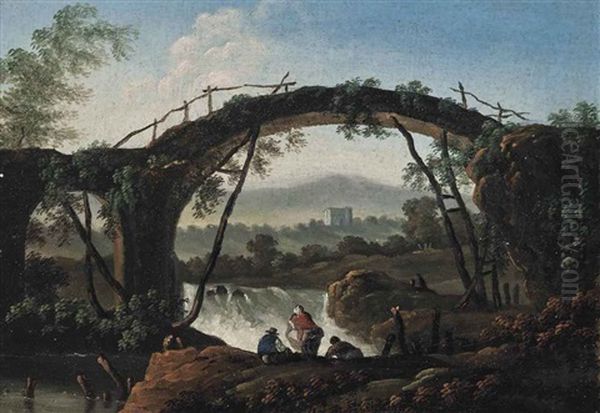 A River Landscape With Figures Watching A Cascade Near A Roman Bridge, A Villa Beyond Oil Painting by Jean Baptiste Pillement