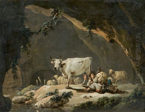 Bergers, Moutons Et Vache Dans Une Grotte Oil Painting by Jean Baptiste Pillement