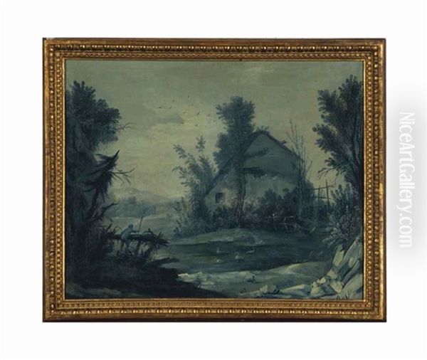 A Pastoral Landscape With A Cottage And Figure, In Blue Grisaille Oil Painting by Jean Baptiste Pillement