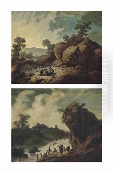 A Rocky Landscape With Shepherds At Rest (+ A Rocky River Landscape With Washerwomen Beside A Waterfall; Pair) Oil Painting by Jean Baptiste Pillement