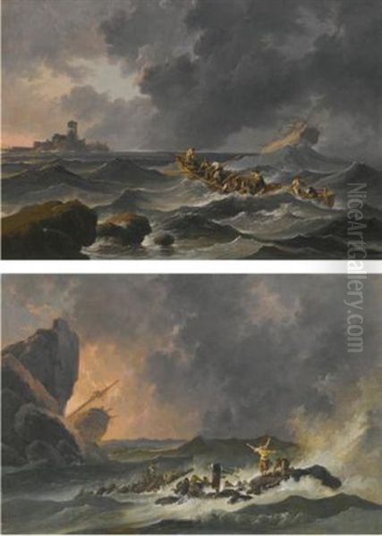 Two Shipwreck Scenes (pair) Oil Painting by Jean Baptiste Pillement