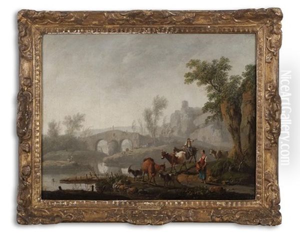 Couple De Bergers Menant Leur Troupeau Le Long D'une Riviere Oil Painting by Jean Baptiste Pillement