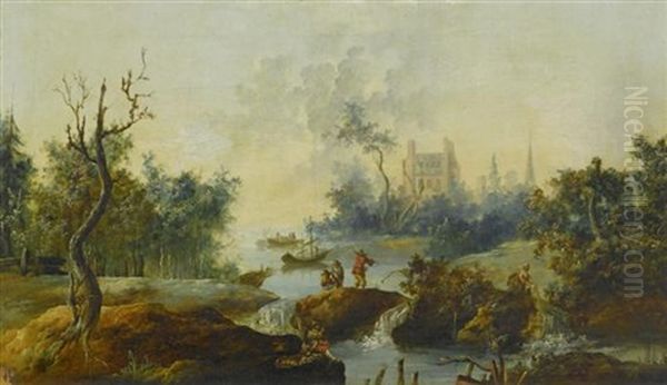 Flusslandschaft Mit Figuren Vor Einer Stadt Oil Painting by Jean Baptiste Pillement