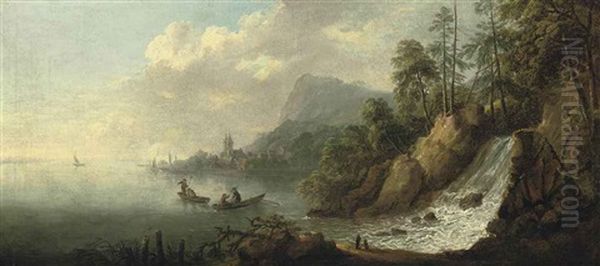 An Extensive River Landscape With Figures In Rowing Boats Near A Waterfall, A Town Beyond Oil Painting by Jean Baptiste Pillement