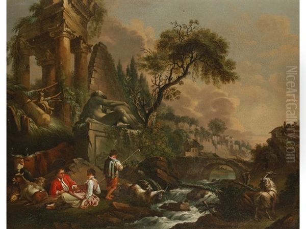 An Arcadian Landscape With Figures Resting Beside Italianate Ruins And A Cascading River Oil Painting by Jean Baptiste Pillement