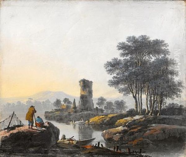 A River Landscape With Figures On The Bank And The Ruins Of A Tower In The Distance Oil Painting by Jean Baptiste Pillement