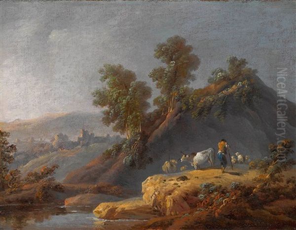 Hirte Mit Vieh In Flusslandschaft Oil Painting by Jean Baptiste Pillement