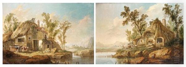 Chaumieres Au Bord D'une Piece D'eau (+ Another; Pair) Oil Painting by Jean Baptiste Pillement