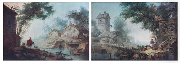 Paysage A La Riviere Avec Une Villageoise Sur Sa Mule (+ Paysage Au Pont Et Au Pigeonnier Avec Trois Jeunes Villageois Sur La Droite, Smllr; 2 Works) Oil Painting by Jean Baptiste Pillement