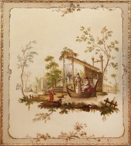 Chinoiserie Scene Of A Couple In A Boat Oil Painting by Jean Baptiste Pillement