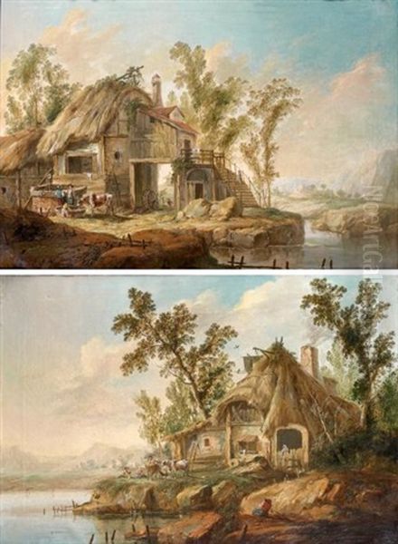 Chaumieres Au Bord D'une Piece D'eau (pair) Oil Painting by Jean Baptiste Pillement