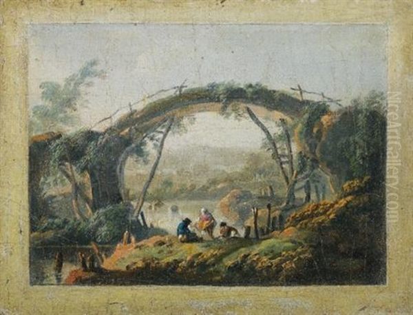 River Landscape With Figures Approaching A Bridge (+ Another; Pair) Oil Painting by Jean Baptiste Pillement