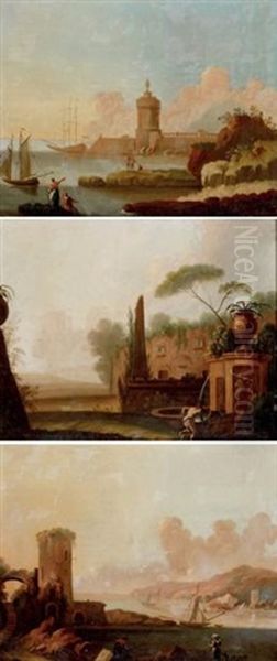 Scene Portuaire (+ 2 Others; 3 Works) Oil Painting by Jean Baptiste Pillement